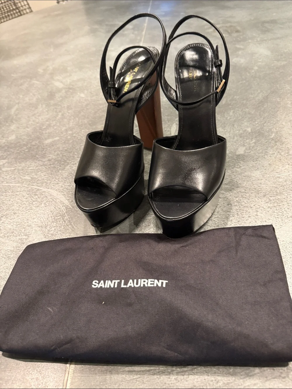 Saint Laurent Black Leather Platform Slingback Sandals with Brown Block Heel